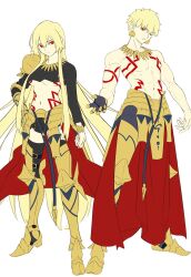 1boy 1girl aora armor black_gloves blonde_hair bracelet breasts collarbone earrings fate/stay_night fate_(series) genderswap genderswap_(mtf) gilgamesh_(fate) gloves highres jewelry leg_armor long_hair navel necklace one_eye_closed red_eyes short_hair shoulder_armor topless_male underboob