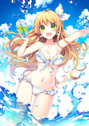 Rule 34 | 1girl, :d, arm up, armpits, bikini, blonde hair, blue sky, breasts, cleavage, cloud, cloudy sky, day, drink, drinking straw, dutch angle, earrings, flower earrings, frilled bikini, frills, front-tie bikini top, front-tie top, gluteal fold, green eyes, hair ribbon, halterneck, ice, ice cube, jewelry, long hair, looking at viewer, medium breasts, nardack, navel, open mouth, original, outdoors, outstretched arm, ribbon, sidelocks, sky, smile, solo, splashing, swimsuit, wading, white bikini