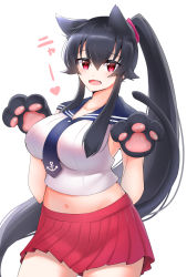Rule 34 | 1girl, absurdres, animal ears, animal hands, artist request, belly, black hair, blush, breasts, cat ears, curvy, fang, gloves, hair between eyes, heart, highres, kantai collection, large breasts, long hair, looking at viewer, midriff, navel, necktie, open mouth, paw gloves, pleated skirt, ponytail, red eyes, red skirt, school uniform, serafuku, skirt, sleeveless, solo, standing, tail, thick thighs, thighs, very long hair, yahagi (kancolle)