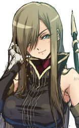 Rule 34 | 1girl, bare shoulders, blue eyes, breasts, brown hair, detached sleeves, dress, gloves, hair over one eye, hand in own hair, high collar, highres, large breasts, long hair, looking at viewer, sleeveless, sleeveless dress, solo, syunzou, tales of (series), tales of the abyss, tear grants, weapon, white background, white gloves