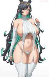 Rule 34 | 1girl, absurdres, areola slip, black hair, breasts, character request, curvy, green eyes, green hair, highres, huge breasts, meme attire, multicolored eyes, multicolored hair, pointy ears, red eyes, simple background, skindentation, superbusty, tagme, thick thighs, thighhighs, thighs, thong, virgin destroyer sweater, white background, wide hips