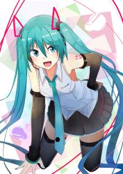 Rule 34 | 1girl, :d, absurdres, aqua eyes, aqua hair, cowboy shot, detached sleeves, hand on own hip, hatsune miku, headset, highres, kazenoko, leaning forward, long hair, looking at viewer, necktie, open mouth, skirt, smile, solo, thighhighs, twintails, very long hair, vocaloid