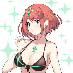 Rule 34 | 1girl, :o, absurdres, adapted costume, bare shoulders, bikini, black bikini, black ribbon, blush, breasts, chest jewel, cleavage, collarbone, earrings, front-tie bikini top, front-tie top, green322, highres, jewelry, large breasts, official alternate costume, open mouth, orange eyes, parted bangs, pyra (pro swimmer) (xenoblade), pyra (xenoblade), red hair, ribbon, short hair, solo, sparkle, sparkle background, strap lift, swimsuit, tiara, two-tone background, upper body, white background, xenoblade chronicles (series), xenoblade chronicles 2