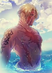 Rule 34 | 1boy, abs, bara, beowulf (fate), blonde hair, cloud, cloudy sky, cup, facial hair, fate/grand order, fate (series), goatee, male focus, muscular, nipples, red eyes, scar, sky, solo, tattoo, topless male, upper body, wet, yamanome