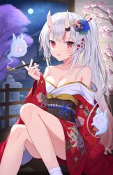 Rule 34 | 1girl, absurdres, bare shoulders, blush, breasts, cherry blossoms, cleavage, collarbone, commentary request, gradient hair, hair between eyes, hair ornament, heart, heart-shaped eyes, highres, holding, holding smoking pipe, hololive, horns, japanese clothes, karma (nakiri ayame), kimono, long hair, looking at viewer, medium breasts, moon, multicolored hair, nakiri ayame, obi, oridays, red hair, red kimono, sash, shiranui (nakiri ayame), side ponytail, sidelocks, sitting, skin-covered horns, smoking pipe, solo, streaked hair, tongue, tongue out, virtual youtuber, white hair