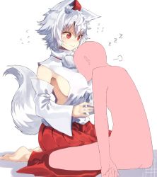 Rule 34 | 1boy, 1girl, :3, animal ears, bad id, bad twitter id, bald, barefoot, between breasts, breast pillow, breast smother, breasts, closed mouth, clothed female nude male, detached sleeves, face between breasts, face to breasts, faceless, faceless male, flying sweatdrops, from side, hakama, hakama skirt, hat, head between breasts, hetero, inubashiri momiji, japanese clothes, large breasts, long sleeves, looking at another, no bra, nude, pom pom (clothes), red eyes, red hakama, seiza, shirt, short hair, sideboob, sitting, skirt, sleeping, sleeping on person, sleeping upright, sleeveless, sleeveless shirt, smile, suminagashi, tail, tokin hat, touhou, white hair, wide sleeves, wolf ears, wolf tail, zzz