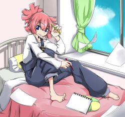 Rule 34 | 10s, 1girl, barefoot, bed, bedroom, blanket, blue eyes, cloud, curtains, highres, indoors, looking at viewer, notebook, overalls, pencil, pillow, pink hair, short hair, sky, solo, star driver, tagme, window, you mizuno
