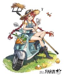 Rule 34 | 1girl, absurdres, bandages, bare shoulders, bird, blush, braid, brown eyes, bug, carrot, chick, collarbone, dated, dragonfly, egg, fang, goggles, goggles on headwear, gompang, hat, hay, highres, huge filesize, insect, long hair, looking at viewer, motor vehicle, musical note, open mouth, original, overall skirt, overalls, pitchfork, potato, red hair, scooter, simple background, sitting, smile, solo, spring onion, straw hat, twin braids, twitter username, very long hair, white background