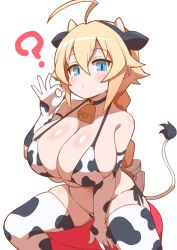 Rule 34 | 1girl, ?, animal ears, animal print, antenna hair, arc system works, bell, between legs, bikini, blazblue, blonde hair, blue eyes, blush, breasts, closed mouth, clueless, collarbone, confused, cow print, cow print bikini, cow print gloves, cow print thighhighs, elbow gloves, es (xblaze), expressionless, eyebrows, eyelashes, fake animal ears, fake horns, fake tail, feet out of frame, fellatio gesture, female focus, gloves, hand between legs, hand up, horns, huge breasts, neck bell, print bikini, print gloves, print thighhighs, short hair, shortstack, side-tie bikini bottom, siglk, simple background, sitting, solo, spread legs, swimsuit, tail, thighhighs, white background, xblaze