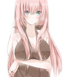 Rule 34 | 1girl, bad id, bad pixiv id, bare shoulders, blue eyes, blush, breasts, cleavage, hiro (hirohiro31), large breasts, long hair, looking at viewer, megurine luka, pink hair, simple background, smile, solo, upper body, vocaloid
