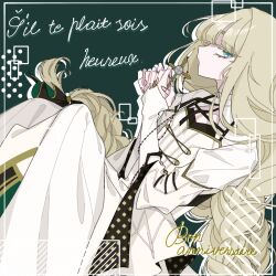 Rule 34 | 1boy, androgynous, bishounen, blonde hair, blue eyes, cross, cross necklace, eyelashes, facing to the side, french text, green background, holding, holding cross, jacket, jewelry, kn riru, long sleeves, looking at viewer, lucas proust, male focus, multicolored background, necklace, shuuen no virche, solo, white background, white jacket