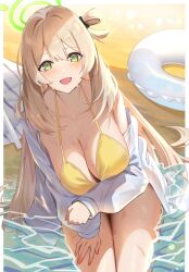 Rule 34 | 1girl, absurdres, bare shoulders, beach, bikini, blue archive, blush, breasts, cleavage, collarbone, collared shirt, dress shirt, green eyes, hair bun, halo, highres, innertube, kakumayu, large breasts, light brown hair, long hair, long sleeves, looking at viewer, nonomi (blue archive), nonomi (swimsuit) (blue archive), official alternate costume, open mouth, shirt, shore, single side bun, smile, solo, swim ring, swimsuit, thighs, wet, white shirt