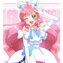 Rule 34 | 1girl, ascot, bow, braided sidelock, brooch, cure prism, cut bangs, detached sleeves, dress, dress bow, earrings, elbow gloves, glove bow, gloves, green eyes, hair bow, hair ornament, highres, hirogaru sky! precure, jewelry, long hair, looking at viewer, magical girl, nijigaoka mashiro, one eye closed, open mouth, pink hair, precure, puffy detached sleeves, puffy sleeves, smile, solo, tanshi tanshi, upper body, v, very long hair, white ascot, white bow, white dress, white gloves, wing brooch, wing hair ornament
