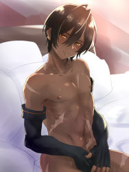 Rule 34 | 1boy, @@@, bad id, bad pixiv id, black hair, blush, covering privates, covering crotch, dark skin, dark-skinned male, elbow gloves, fingerless gloves, gloves, granblue fantasy, highres, jamil (granblue fantasy), looking at viewer, male focus, nipples, nude, scar, smile, solo, sweat
