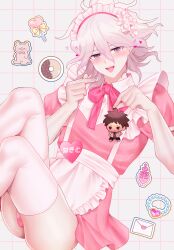 Rule 34 | 1boy, :d, alternate costume, apron, ass, bow, bowtie, candy, character doll, danganronpa (series), danganronpa 2: goodbye despair, doll, doughnut, dress, enmaided, food, grey hair, heart, highres, holding, holding doll, knees up, koikeya (keroro7), komaeda nagito, letter, love letter, maid, maid headdress, messy hair, open mouth, pink bow, pink bowtie, pink dress, shiny skin, sitting, smile, sticker, teeth, thighhighs, tongue, translation request, waist apron, white apron, white thighhighs