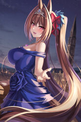 Rule 34 | 1girl, animal ears, bare shoulders, blue dress, blush, bow, breasts, brown hair, commentary request, daiwa scarlet (umamusume), dress, from side, hair bow, hair ornament, horse ears, horse girl, horse tail, jewelry, large breasts, long hair, looking at viewer, necklace, off shoulder, open mouth, outdoors, red bow, red eyes, seven (shijima), smile, solo, tail, tiara, twintails, umamusume