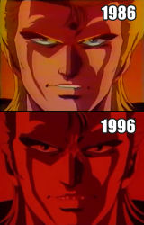 Rule 34 | 1980s (style), 1986, 1990s (style), 1996, 1boy, blonde hair, comparison, evil smile, facing viewer, highres, m.d. geist, male focus, mds-02 geist, ohata koichi, oldschool, retro artstyle, screencap, smile, soldier