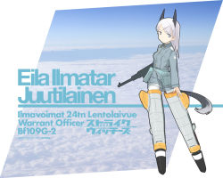 Rule 34 | 00s, 1girl, animal ears, eila ilmatar juutilainen, female focus, finnish text, pantyhose, sky, solo, strike witches, striker unit, weapon, white pantyhose, world witches series