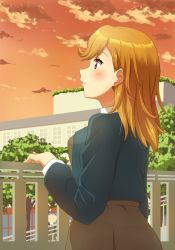 Rule 34 | 1girl, balcony, blue jacket, blush, breasts, building, commentary request, from side, grey skirt, highres, jacket, looking to the side, love live!, love live! superstar!!, medium breasts, medium hair, open clothes, open jacket, orange hair, parted lips, purple eyes, qy73, school uniform, shibuya kanon, skirt, solo, sunset, yuigaoka school uniform