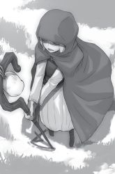 Rule 34 | 1girl, ayakura juu, bell, cape, closed eyes, from above, full body, greyscale, holding, holding staff, hood, hooded, long skirt, monochrome, nora arento, novel illustration, official art, open mouth, outdoors, skirt, smile, solo, spice and wolf, staff, standing