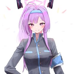 Rule 34 | 1girl, absurdres, armband, black coat, blue archive, blush, breasts, closed mouth, coat, hairband, halo, high collar, highres, long hair, long sleeves, nonoa, ponytail, purple eyes, purple hair, simple background, small breasts, smile, solo, split mouth, utaha (blue archive), utaha (cheer squad) (blue archive), white background
