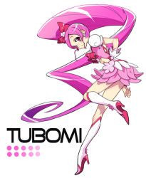 Rule 34 | 10s, 1girl, boots, character name, cure blossom, hanasaki tsubomi, heartcatch precure!, knee boots, kunreishiki, long hair, looking at viewer, magical girl, pink eyes, pink hair, pink theme, ponytail, precure, romaji text, skirt, solo, wrist cuffs, zooya