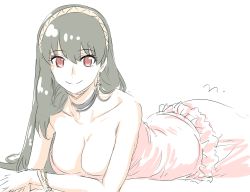 Rule 34 | 1girl, bare arms, black hair, breasts, cleavage, collarbone, dress, earrings, hair down, hairband, highres, jewelry, large breasts, long hair, looking at viewer, lying, mitsugu, on stomach, pink dress, red eyes, simple background, sketch, sleeveless, sleeveless dress, solo, spy x family, strapless, strapless dress, white background, yor briar