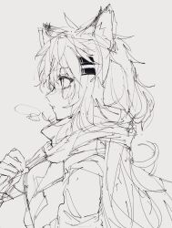 Rule 34 | 1girl, animal ears, arknights, blush, from side, greyscale, hair ornament, hairclip, high collar, highres, lappland (arknights), messy hair, monochrome, parted lips, sato (lappysuki), scar, scar across eye, simple background, sketch, solo, upper body, white background