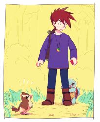 Rule 34 | 1boy, bird, blue pants, boots, brown bag, brown footwear, brown hair, bush, commentary request, creatures (company), game freak, gary oak, gen 1 pokemon, grass, holding, itome (funori1), jewelry, long sleeves, looking down, male focus, necklace, nintendo, open mouth, outdoors, pants, pidgey, pokemon, pokemon (anime), pokemon (classic anime), pokemon (creature), purple shirt, shirt, short hair, spiked hair, squirtle, standing, sweatdrop, tree