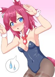 Rule 34 | 1girl, @ @, animal ears, armpits, bare shoulders, between breasts, blush, breasts, collarbone, commentary request, hair between eyes, hair flaps, hair ornament, highres, horse ears, horse girl, horse tail, leotard, looking at viewer, navel, nontraditional playboy bunny, open mouth, pantyhose, pink hair, rabbit pose, sakura chiyono o (umamusume), sakuramai (sakuramai 0525), simple background, small breasts, solo, strapless, strapless leotard, sweatdrop, tail, umamusume