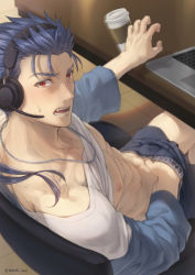 Rule 34 | 1boy, abs, blue hair, blue jacket, blush, clothes lift, computer, cu chulainn (fate), cu chulainn (fate/stay night), cup, fang, fate/stay night, fate (series), hand in underwear, headset, highres, indoors, jacket, jewelry, laptop, male focus, mondi hl, navel, necklace, nipples, open mouth, red eyes, shirt, shirt lift, sitting, solo, stomach, table, tile floor, tiles, white shirt