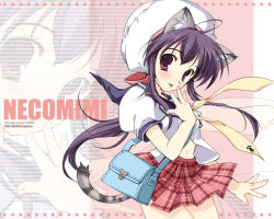 Rule 34 | 1girl, ahoge, animal ears, bag, cat ears, cat girl, cat tail, checkered clothes, checkered skirt, clothes lift, hand to own mouth, hat, long hair, mikeou, original, pleated skirt, puffy short sleeves, puffy sleeves, purple eyes, purple hair, romaji text, school uniform, serafuku, short sleeves, shoulder bag, skirt, skirt lift, smile, solo, striped tail, tail, wallpaper, zoom layer
