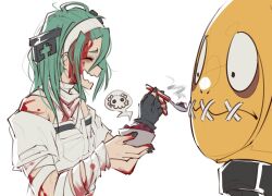 Rule 34 | 1girl, a.b.a, bags under eyes, bandaged chest, bandages, blood, blood on clothes, bloody bandages, closed eyes, food, green hair, guilty gear, guilty gear strive, highres, key, key in head, mil17459623, object through head, paracelsus (guilty gear), smile, stitched mouth, stitches