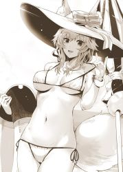 Rule 34 | 1girl, :3, :d, animal ear fluff, animal ears, bangle, beach, beach umbrella, bikini, bow, bracelet, breasts, closed umbrella, commentary, fang, fate/grand order, fate (series), fox ears, fox shadow puppet, fox tail, hat, hat bow, hat ribbon, holding, holding swim ring, innertube, jewelry, large breasts, monochrome, navel, necklace, open mouth, pulled by self, ribbon, side-tie bikini bottom, smile, solo, strap pull, sumisu (mondo), sun hat, swim ring, swimsuit, tail, tail wrap, tamamo (fate), tamamo no mae (fate/extra), tamamo no mae (swimsuit lancer) (fate), tamamo no mae (swimsuit lancer) (third ascension) (fate), thick eyebrows, umbrella