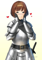 Rule 34 | 1girl, absurdres, animification, armor, belt, belt buckle, black belt, blush, brown background, brown eyes, brown hair, buckle, chainmail, commentary, english commentary, gauntlets, glint, gradient background, hands on own cheeks, hands on own face, hands up, heart, highres, knight, looking at viewer, lulu-chan92, nose blush, original, parted lips, plate armor, short hair, smile, solo, sword, twitter username, weapon, white background