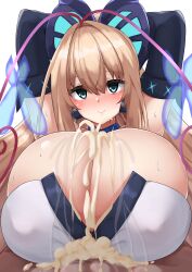 Rule 34 | 1boy, 1girl, absurdres, antenna hair, arms behind head, azure striker gunvolt, black gloves, blonde hair, blue eyes, blush, breasts, bug, butterfly, butterfly hair ornament, cleavage, commission, cum, cum on body, cum on breasts, cum on clothes, cum on upper body, ejaculation, elbow gloves, gigantic breasts, gloves, hair ornament, handsfree paizuri, hetero, highres, idol, insect, looking at viewer, looking back, lumen (gunvolt), multicolored hair, nagisa otoha, paizuri, paizuri under clothes, pov, purple hair, smile, solo focus
