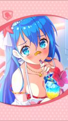 Rule 34 | 1girl, artist request, bandaid, bandaid on face, bandaid on nose, bead bracelet, beads, blue eyes, blue hair, blush, bracelet, breasts, cleavage, drinking, drinking straw, framed image, hair ornament, highres, jewelry, keraunos (phantom of the kill), long hair, looking at viewer, necklace, official art, phantom of the kill, star (symbol), star necklace, strap slip, swimsuit, swimsuit under clothes