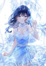 Rule 34 | 1girl, absurdres, blue dress, blue eyes, blue hair, blue theme, breasts, collar, commentary request, dress, floating hair, frilled collar, frills, highres, jellyfish, long hair, looking at viewer, motimoti067, original, parted lips, sleeveless, small breasts, solo, sundress, white background