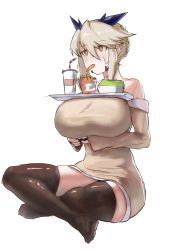 Rule 34 | 1girl, absurdres, arqa, artoria pendragon (fate), artoria pendragon (lancer alter) (fate), bare shoulders, black thighhighs, blonde hair, breasts, brown thighhighs, bubble tea challenge, controller, cup, disposable cup, dress, drinking straw, eating, fast food, fate/grand order, fate (series), female focus, food, french fries, game controller, hair between eyes, highres, holding, holding controller, huge breasts, indian style, long sleeves, looking afar, no shoes, object on breast, playing games, short dress, sidelocks, simple background, sitting, skindentation, sleeves past wrist, solo, strapless, strapless dress, sweater, swept bangs, thighhighs, tray, white background, yellow eyes, zettai ryouiki