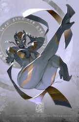 Rule 34 | 1girl, alien, ass, bodysuit, breasts, cameltoe, carmeara, colored skin, floating, grey bodysuit, grey skin, high heels, highres, large breasts, solo, thick thighs, thighs, tsuburaya productions, ultra series, ultraman trigger (series), yellow eyes, zoner