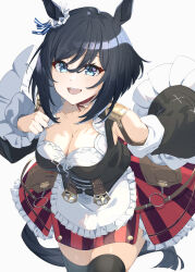 Rule 34 | 1girl, absurdres, animal ears, bare shoulders, black hair, black thighhighs, blue eyes, breasts, cleavage, commentary request, detached sleeves, dirndl, dress, ear ornament, eishin flash (umamusume), frilled dress, frills, german clothes, highres, horse ears, horse girl, horse tail, large breasts, long sleeves, looking at viewer, open mouth, partial commentary, shikaya, short hair, smile, solo, tail, teeth, thighhighs, umamusume, upper teeth only, zettai ryouiki