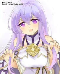 Rule 34 | 1girl, bare shoulders, breasts, circlet, fire emblem, fire emblem: genealogy of the holy war, holding, holding hair, julia (fire emblem), long hair, looking at viewer, medium breasts, nintendo, open mouth, purple eyes, purple hair, simple background, solo, yukia (firstaid0)