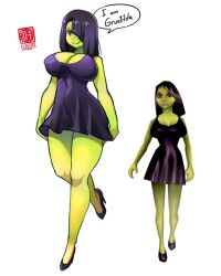 Rule 34 | 1girl, alternate form, artist name, banjo-kazooie, bare shoulders, black dress, black footwear, black hair, breasts, cleavage, colored skin, curvy, dress, el quijote, english text, female focus, full body, green skin, gruntilda winkybunion, hair over one eye, high heels, highres, large breasts, long hair, looking at viewer, microsoft, official alternate costume, official art, red eyes, reference inset, shiny clothes, shiny skin, smile, solo, speech bubble, standing, thick thighs, thighs, white background, witch