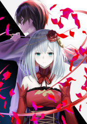 Rule 34 | 1boy, 1girl, asahina takt, bare shoulders, black background, blue background, blue eyes, closed mouth, commentary request, corset, cross-laced clothes, cross-laced corset, destiny (takt op.), detached sleeves, dress, earrings, flower, green eyes, hair between eyes, hair flower, hair ornament, highres, holding, jewelry, long sleeves, looking at viewer, natsuki (natukituki), pale skin, petals, profile, red dress, red flower, red rose, red sleeves, rose, shirt, silver hair, strapless, strapless dress, stud earrings, takt op., two-tone background, white background, white shirt