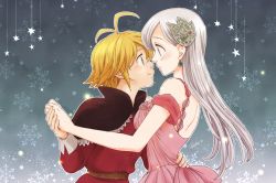 Rule 34 | 1boy, 1girl, antenna hair, black capelet, blonde hair, blue eyes, blush, capelet, couple, dancing, dress, earrings, elizabeth liones, eye contact, floating hair, from side, green eyes, grey background, hair ornament, hand on another&#039;s hip, hand on another&#039;s shoulder, harumiya, hetero, holding hands, imminent kiss, jewelry, long hair, looking at another, meliodas, nanatsu no taizai, parted lips, pink dress, red shirt, shirt, short hair, shoulder blades, silver hair, sleeveless, sleeveless dress, snowflakes, straight hair, very long hair