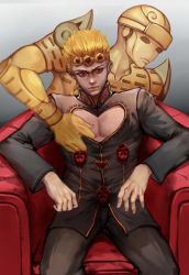 Rule 34 | blonde hair, chair, danial, earrings, giorno giovanna, gold experience, gradient background, highres, jewelry, jojo no kimyou na bouken, red eyes, sitting, stand (jojo), vento aureo