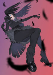 Rule 34 | 10s, 1girl, bad id, bad pixiv id, beijuu, black feathers, black hair, black pantyhose, black shirt, blouse, blue eyes, clothes lift, feathered wings, feathers, foreshortening, from side, full body, gloves, gradient background, hair over one eye, head wings, highres, jungle crow (kemono friends), kemono friends, long hair, pantyhose, sailor collar, shirt, socks, solo, wings