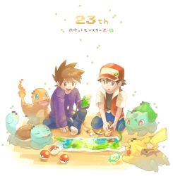 Rule 34 | 2boys, anniversary, bad id, bad twitter id, baseball cap, blue oak, blue pants, brown hair, bulbasaur, charmander, commentary request, creatures (company), fire, flame-tipped tail, game boy, game boy color, game freak, gen 1 pokemon, handheld game console, hat, highres, holding, holding handheld game console, jacket, jewelry, kneeling, long sleeves, male focus, map, multiple boys, necklace, nintendo, open clothes, open jacket, pants, pikachu, poke ball, poke ball (basic), pokemon, pokemon (creature), pokemon rgby, purple shirt, red (pokemon), shirt, short hair, short sleeves, sitting, socks, spiked hair, squirtle, starter pokemon trio, torinoko (miiko draw), translation request, white legwear