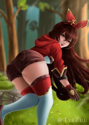 Rule 34 | 1girl, absurdres, amber (genshin impact), ass, boots, breasts, brown eyes, brown hair, from behind, genshin impact, gloves, hair ribbon, hairband, highres, leaning, leaning forward, long hair, looking at viewer, medium breasts, ribbon, shiny clothes, short shorts, shorts, sideboob, smile, solo, thigh boots, thighhighs, tyrzul, very long hair