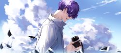 Rule 34 | 1boy, absurdres, artist name, blue sky, camera, cigarette, cloud, day, hair over eyes, highres, holding, holding camera, lluluchwan, male focus, mouth hold, original, outdoors, photo (object), purple hair, shirt, sky, solo, upper body, white shirt